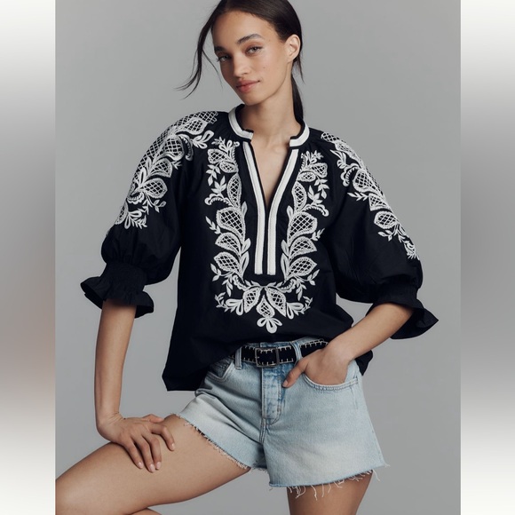 Anthropologie Tops - Anthropologie Maeve Embroidered Popover Blouse